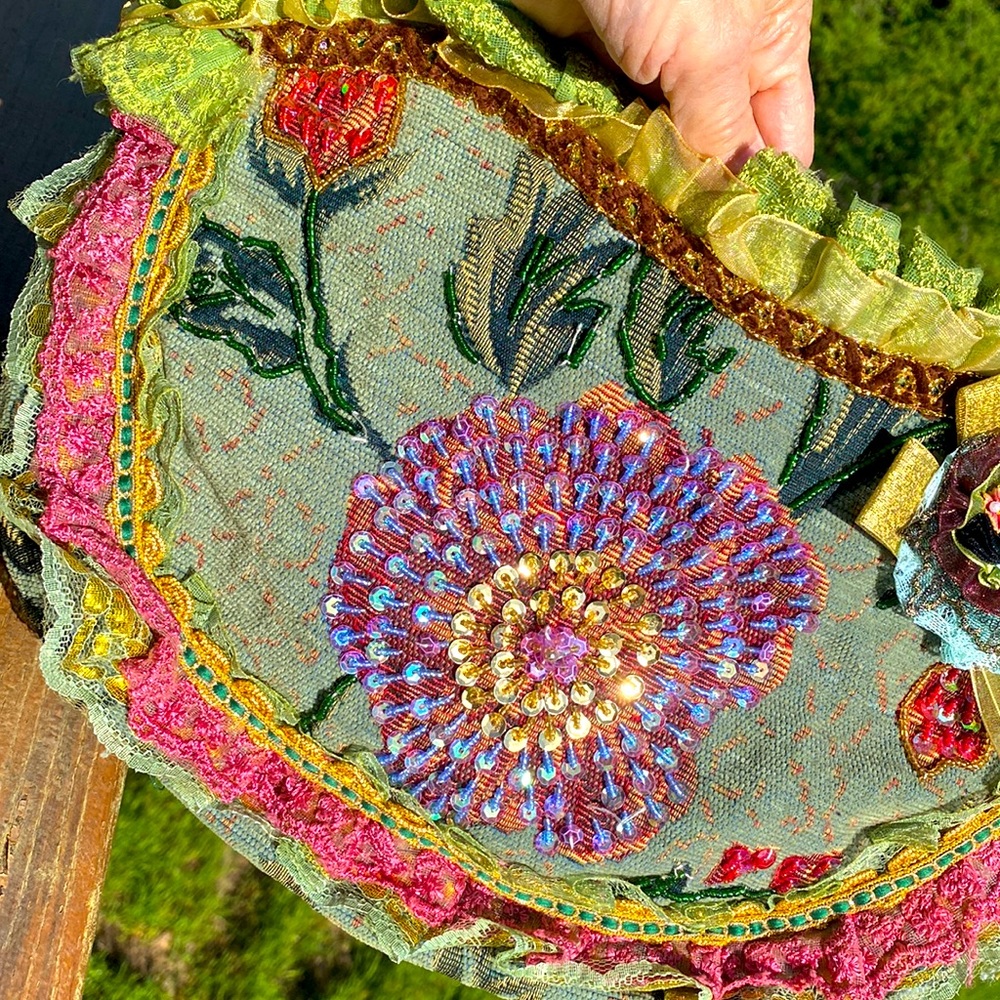 ZIBA Carpet Bag covered in sequins,voile ruffles & fun, elegant charm,Zips close